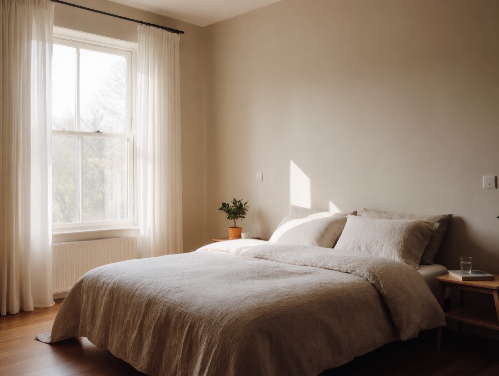 Airy bedroom with sheer curtains and soft morning light on linen bedding