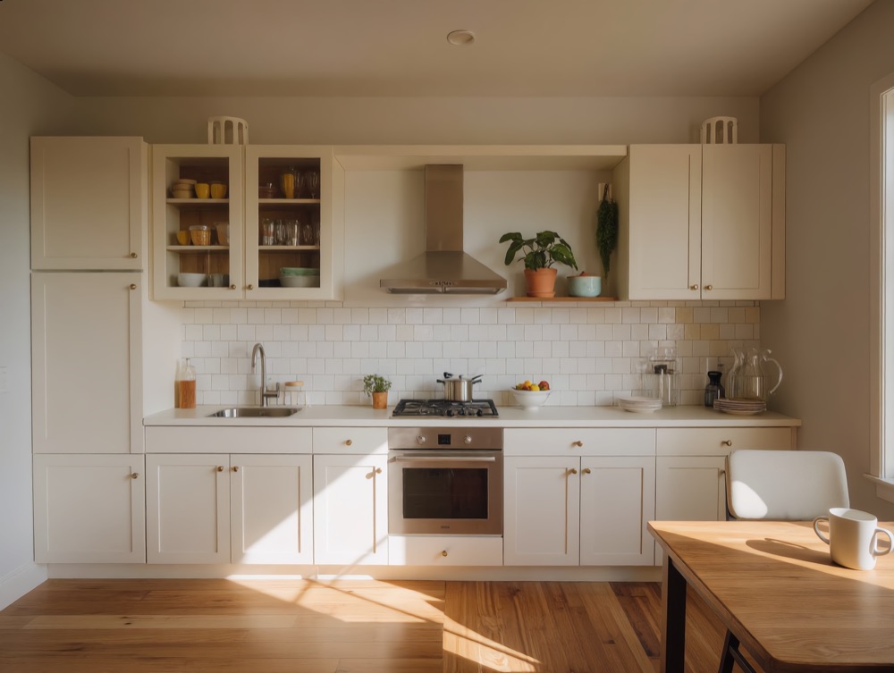 Bright white kitchen with morning sunlight across the counter and wood floor