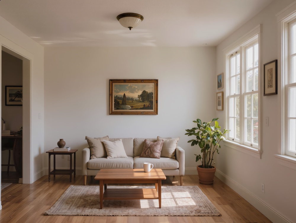 Sunlit living room with a large window, cream sofa, and wood coffee table