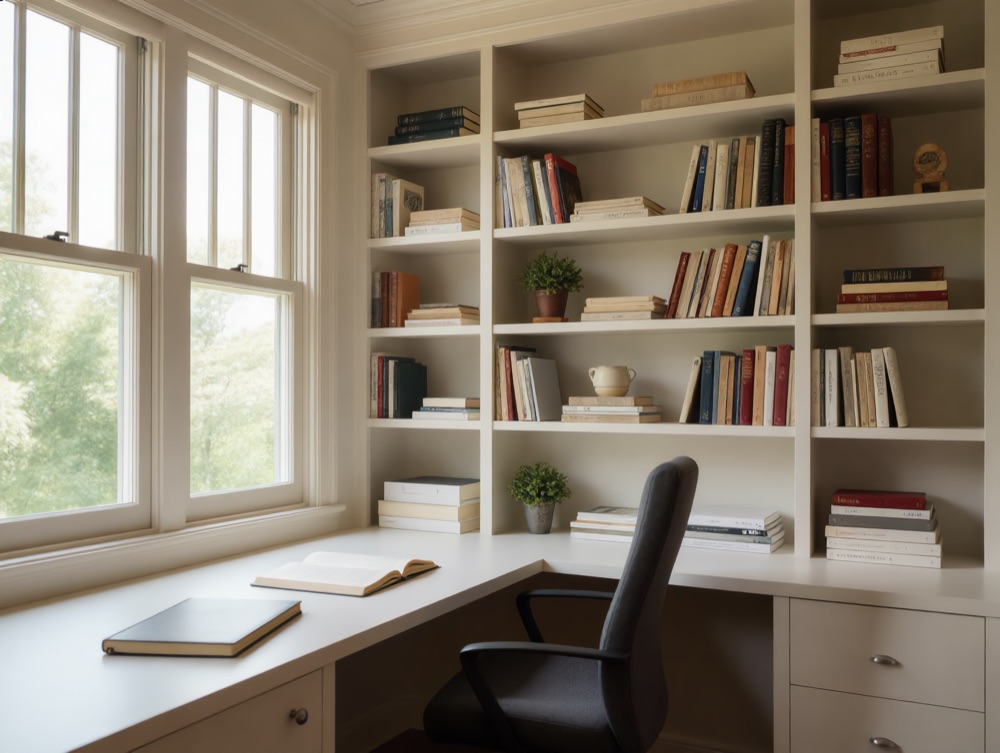 Home office with built-in bookshelves and daylight from a corner window
